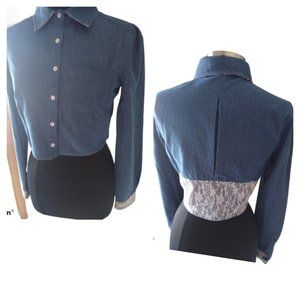 Denim and White Lace Cropped Shirt Size Sm…